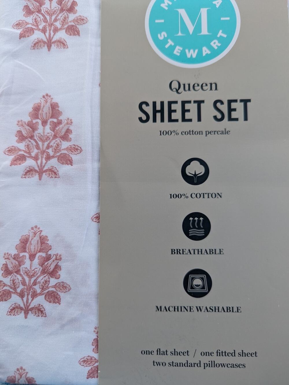 Martha Stewart Queen Size DARCY PINK FLORAL 100% Cotton Percale Sheet Set